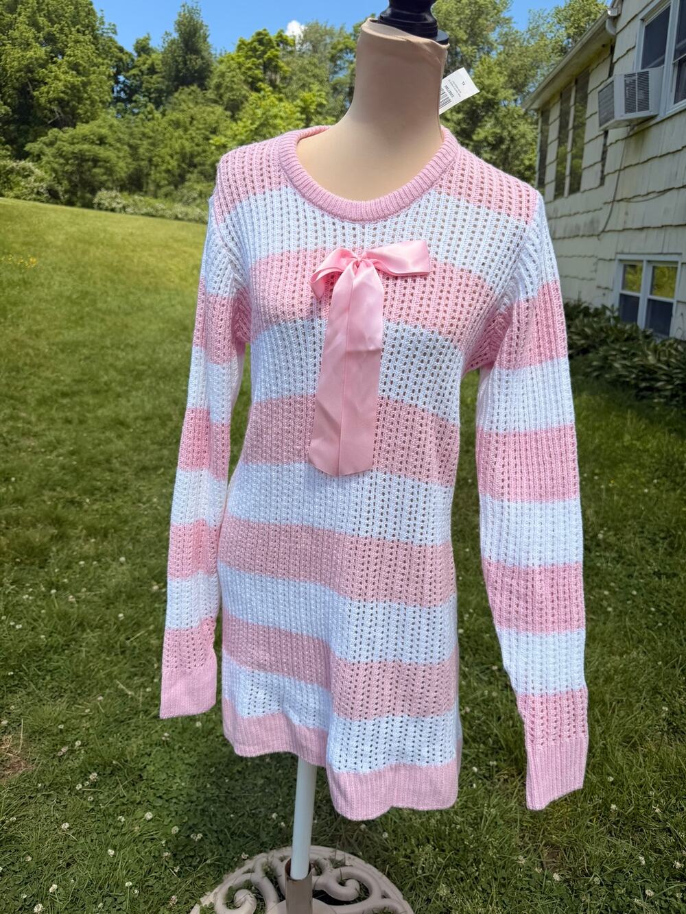 Pink bow tie knit sweater dress Striped w/ Satin Bow